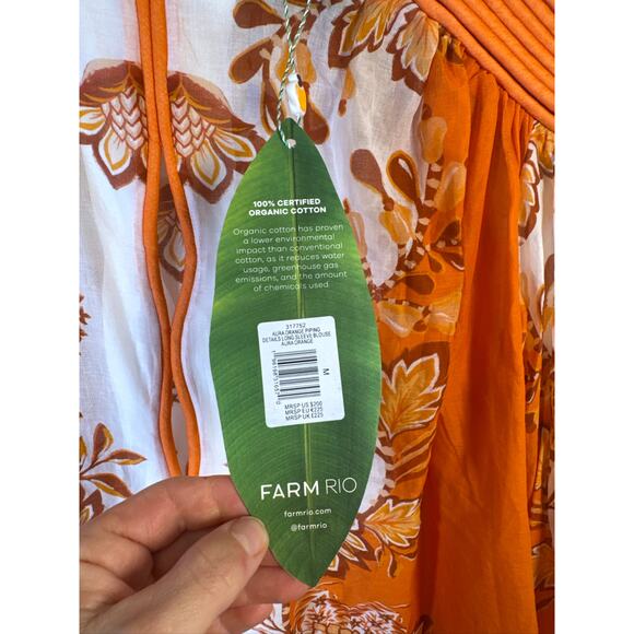 Farm Rio Aura Piping Trim Floral Print Blouse in Floral Orange Print, NWT Size M - Picture 6 of 9